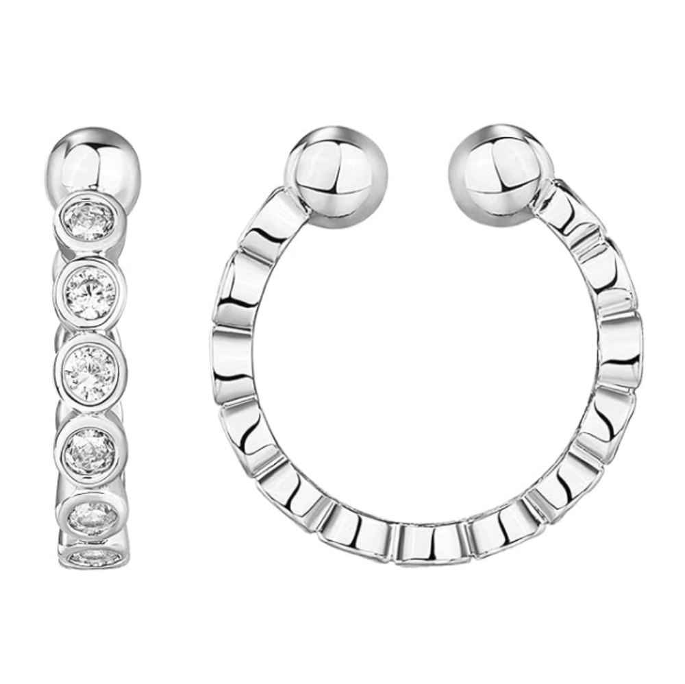 14K Gold Plated CZ Sparkling Round Huggie Ear Cuff Clip On Earrings White Gold